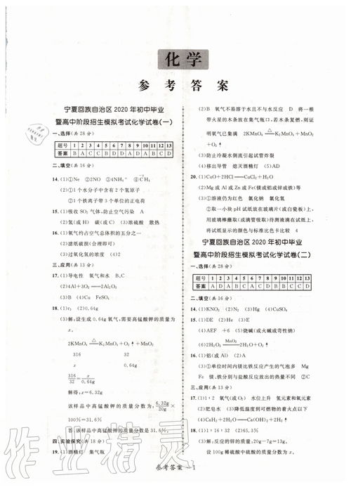 赢在中考 宁夏中考考前模拟8套卷化学答案解析大全
